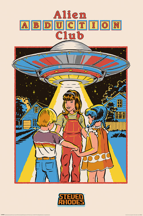 The "Steven Rhodes Alien Abduction Club" is a retro-styled poster from the Life & Humour Collection by ALT 041. It depicts a UFO beaming light onto three children holding hands, with houses, trees, and a starry night sky in the background. This artwork is printed on premium 150gsm gloss paper and is signed by Steven Rhodes at the bottom.