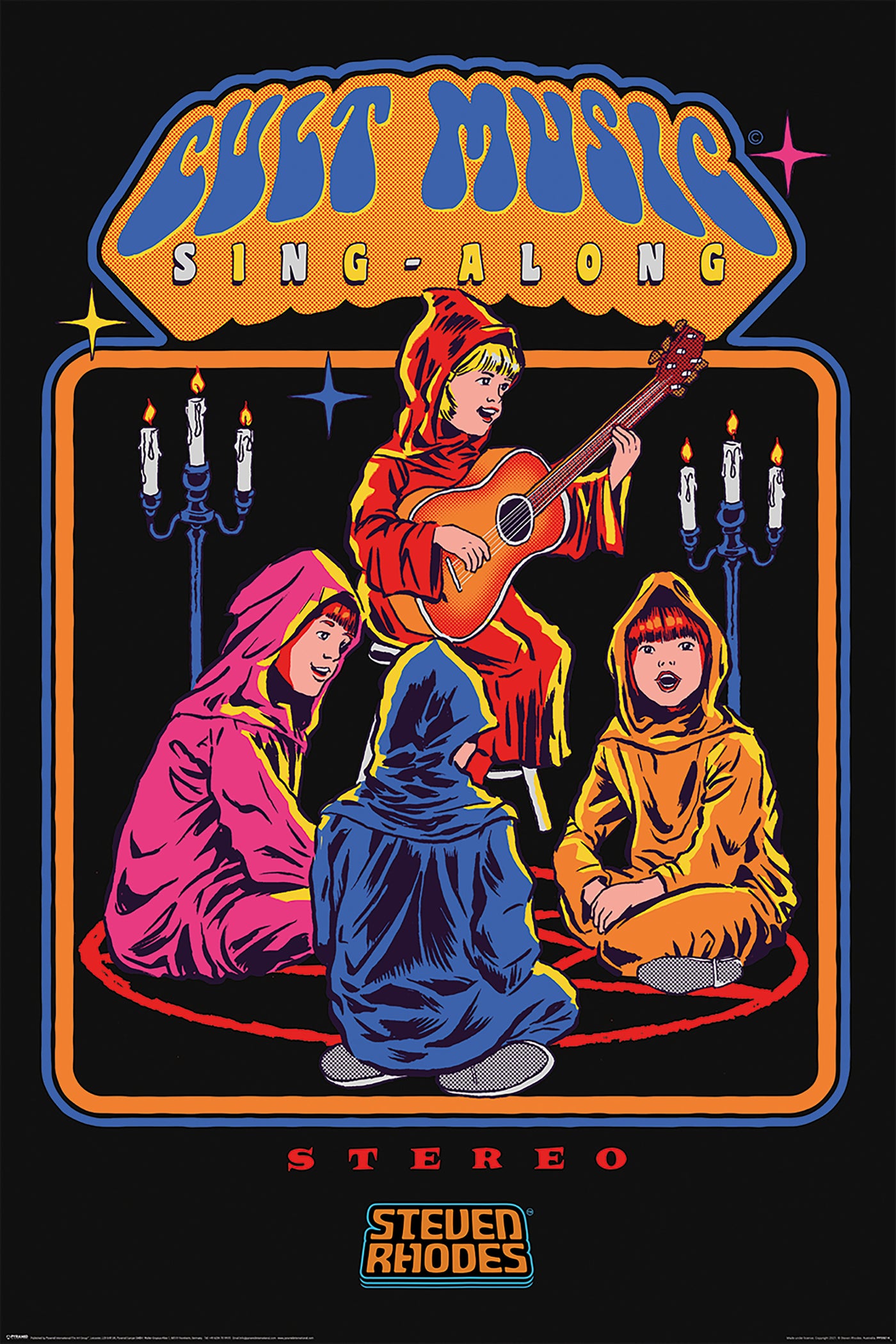 The "Steven Rhodes Cult Music Sing-Along" illustration from ALT 033 showcases four individuals in vibrantly colored hooded robes seated in a circle, with one person playing an acoustic guitar. They are surrounded by lit candles on candlesticks and feature a retro, vibrant design against a black background. This piece is part of the Life & Humour Collection and is available on premium gloss paper.