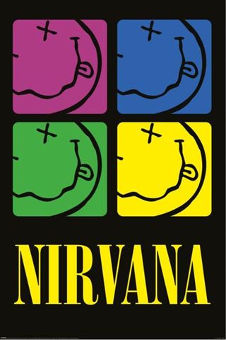 The image showcases the "Nirvana Smiley Squares" by MUS 015, featuring four identical smiley face logos outlined in black with crossed-out eyes and a squiggly mouth. The designs are set against colorful squares (pink, blue, green, yellow) arranged two by two on a black background. Below them is the word "NIRVANA" in bold yellow letters, making it a perfect addition to any music collection.