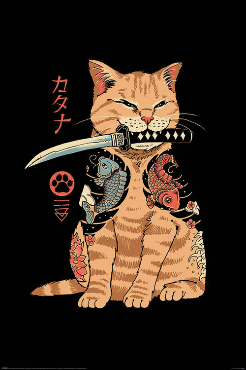 The Vincent Trinidad Catana by ART 045 depicts an orange tabby cat with intricate tattoos, including koi fish and waves, holding a katana in its mouth. Japanese characters and a paw print adorn the left side of this striking piece, which is set against a black background as part of the Urban Art Poster collection.