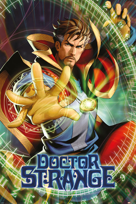 Doctor Strange, a superhero in mystical attire with a red cape, extends his hand, casting a magical spell. Glowing, intricate designs surround him on this MTV 328 Doctor Strange Drawing Poster, printed on premium 150gsm gloss paper. The name "Doctor Strange" is prominently displayed at the bottom of the image.