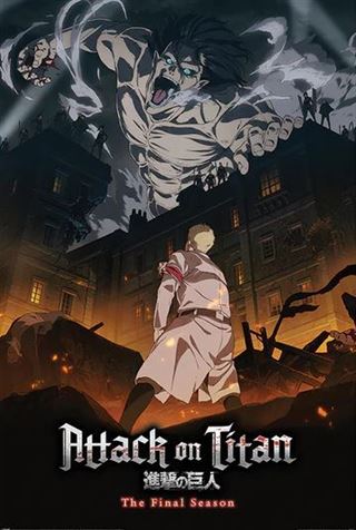 MTV's "Attack on Titan - The Final Season" anime poster showcases a roaring giant figure towering in the sky, with a uniformed individual standing defiantly amidst rubble. The title is displayed prominently at the bottom.