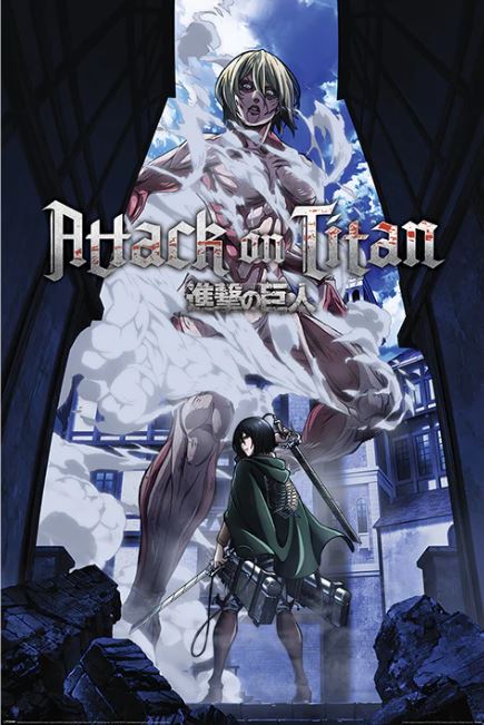 MTV 014 promotional poster for "Attack on Titan - S3 Female Titan" featuring a formidable humanoid figure emerging from steam in the background. A character in a military uniform with a green cape stands ready with weapons, facing the titan in the foreground. Perfect for enthusiasts of Japanese animation and collectors of large regular posters.