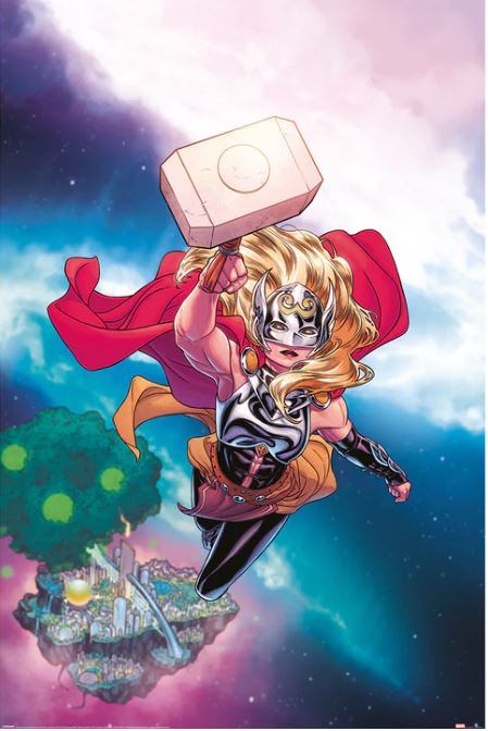 A character in silver and black armor, wearing a red cape and a winged helmet, flies through the sky holding a large hammer above their head. Below, a colorful floating city with trees and buildings is visible against a backdrop of clouds and stars in this stunning Marvel MCU poster for Thor Mighty Female Thor by MTV 411.