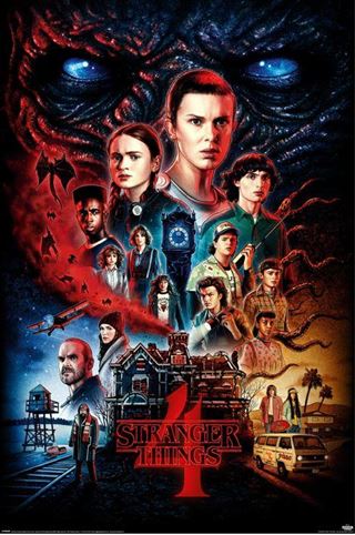 Poster for Stranger Things 4 - Vecna by MTV 172. Character portraits are featured with a dark, monstrous face looming in the background. Below, key scenes include an eerie house, a helicopter, a watchtower, and a van with the title "Stranger Things 4" prominently displayed. A must-have TV Show Poster for any Movies & TV Collection.