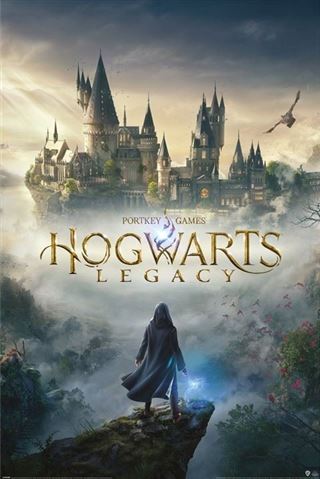 A hooded figure, glowing blue object in hand, faces a grand castle under a flying dragon. The text "GAM 070 Harry Potter Hogwarts Legacy" is prominently displayed, evoking the magic of an iconic movie poster.