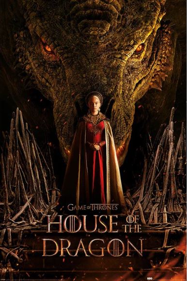 The "Game of Thrones - House of the Dragon" poster, offered by MTV 230, is printed on premium gloss paper. It showcases a woman in medieval attire standing before an enormous dragon's face. The background is embellished with stylized swords and flames. The series title is displayed at the bottom, with the "Game of Thrones" label above it.