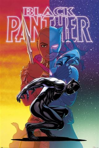 The Black Panther Wakanda Forever Colour Split by MTV 041 features an illustrated cover with Marvel's Black Panther. The image is divided into two vertical halves: the left side showcases a woman in tribal attire holding a spear against a sunset background, while the right side displays Black Panther against a starry sky. This Marvel MCU poster is printed on premium 150gsm gloss paper.