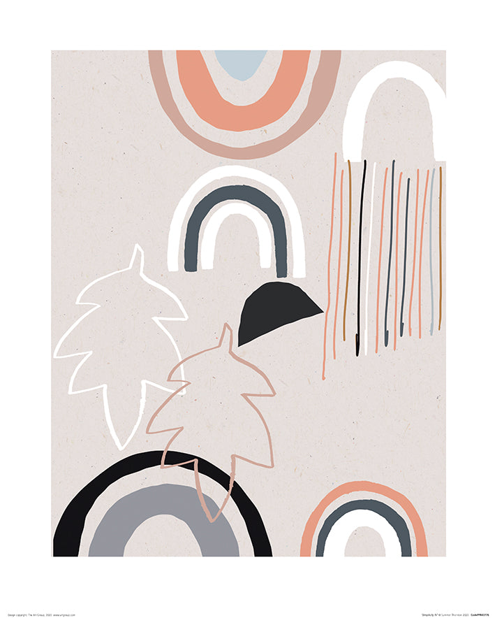 An abstract art piece with various shapes and muted colors on 200gsm Matte Art Paper. It features outlines of leaves, arches, semi-circles, and vertical lines in shades of beige, gray, black, peach, and blue on a pale background. Part of our Small Decor Series collection is Simplicity IV by Summer Thornton from Blue Dog Posters.