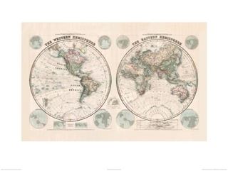 Introducing the Sanfords East West Hemispheres Map 1877 by Blue Dog Posters. This Antique double-hemisphere Vintage Map Art Print features detailed illustrations of the Western and Eastern Hemispheres, notable explorers, and insets of the Poles alongside geographic landmarks. Printed on premium quality Matte Art Paper with a light beige background, it is part of our Large Decor Series Art Prints collection.