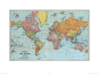A detailed political world map, "Sanfords General Map of the World 1920," by Blue Dog Posters, showcasing countries, continents, and bodies of water. Different colors distinguish various countries, with major cities, national boundaries, and geographical features clearly marked and labeled. This Vintage Map Art Print is perfect for any decor series.