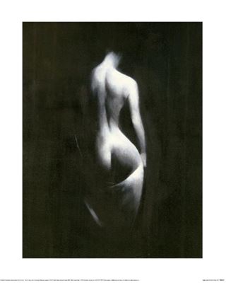 The Patrick Palmer Light on Her art print by Blue Dog Posters features a painting of a humanoid figure from the back, depicted in shades of black and white. The figure is partially illuminated, highlighting the contours of the upper back, buttocks, and one leg against a dark background. This art print would be stunning on Matte Art Paper as part of our Decor Series.