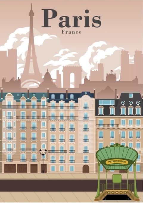 The "Paris Skyline by Jorn Van Hezik" from TAP showcases an illustrated image of Paris, France. It features iconic landmarks like the Eiffel Tower in the background and a Parisian metro entrance in the foreground, set against traditional French architecture with beige and blue tones. This piece could easily be classified as Vintage Advertising Art or included in Travel Prints collections.