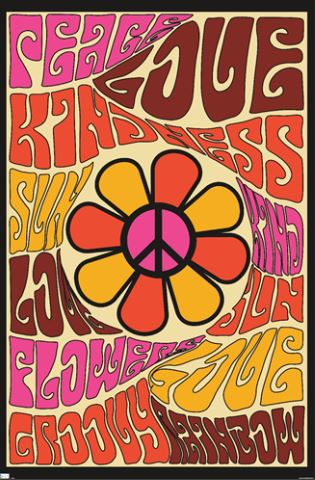 The "Peace Love and Kindness" poster from ART 038's Life & Humour Collection showcases a large, abstract flower with a peace sign at its center. Encircling the flower are groovy, swirling words like "Peace," "Love," and "Kindness" in vibrant hues on premium gloss paper—an ultimate motivational poster.
