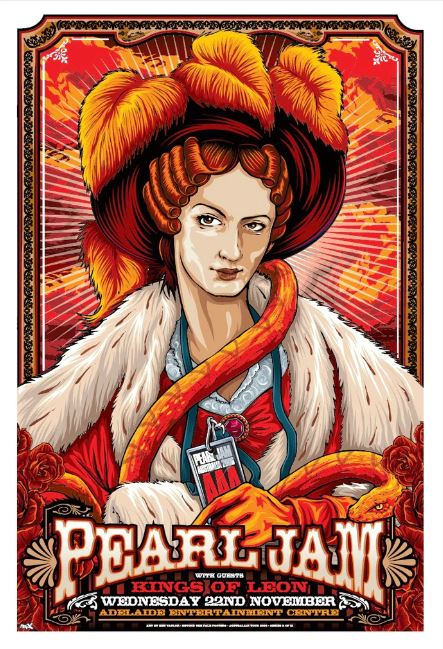 Check out this vibrant Pearl Jam - Adelaide poster from Blue Dog Posters, designed by Ken Taylor. Featuring a central figure of a woman in medieval-style attire with a snake around her neck, this poster commemorates the Pearl Jam tour in Adelaide with support from Kings of Leon. The event details are marked for Wednesday, November 22nd at the Adelaide Entertainment Centre.