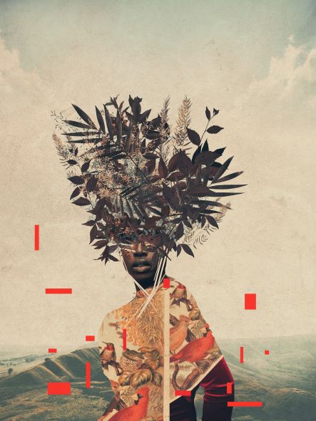 Perseverance by Frank Moth from Blue Dog Posters features a surreal digital artwork where a person's face is partially visible, enveloped by an elaborate array of leafy branches and flowers. The backdrop highlights a mountainous landscape adorned with scattered red rectangular accents that enhance the abstract vibe. This piece is part of the Featured Artists Collection.