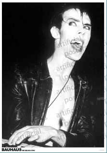 Black-and-white photo of a person with short, dark hair, wearing a partially open leather jacket. The person has their mouth open wide and appears to be singing or shouting. Text overlays the image in diagonal lines, and "Peter Murphy of Bauhaus" is seen at the bottom, perfect for your rock poster collection by MUS 177.