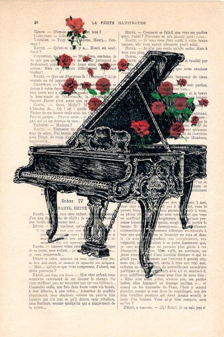 An illustration from the "Antique Book prnt 29x19cm Piano" by Blue Dog Posters features an ornate grand piano overlaid on a vintage French text background. Red and green roses appear to sprout from the piano, creating a whimsical contrast between the musical instrument and the floral elements.