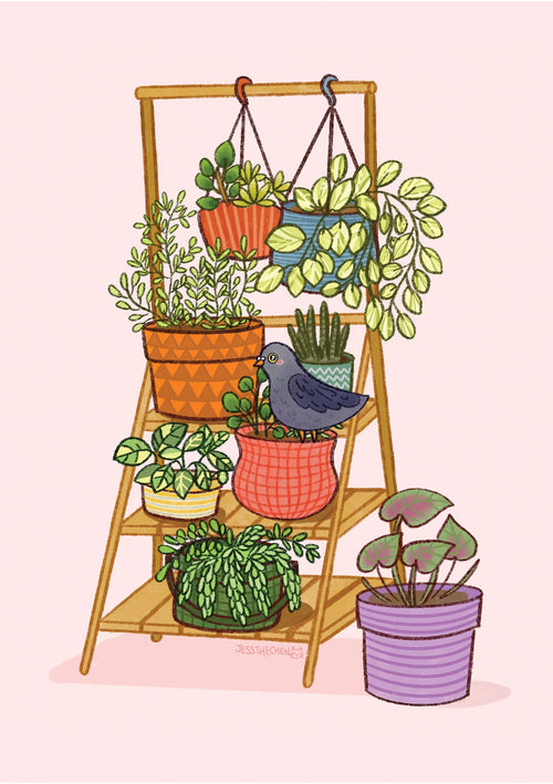 Illustration of the Pigeon Stand by Jess Chen (A5) from Blue Dog Posters, featuring a wooden plant stand with four shelves brimming with various potted plants. Perched on the second shelf among leafy greenery is a gray bird. The background is a plain pink, evocative of our Little Art series postcards. The diverse plants in different sizes, shapes, and pot colors bring a vibrant touch to the scene.