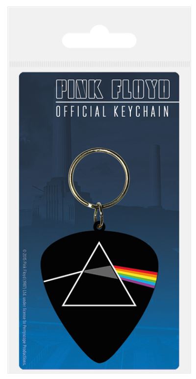 The Pink Floyd Plectrum Rubber Keychain by Blue Dog Posters features the "Dark Side of the Moon" prism and rainbow design on a guitar pick shape, presented on a blue card with band branding at the top.