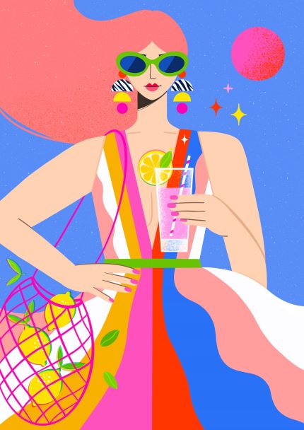Pink Lemonade by Kitty O Illustrates from fap features a stylish woman with long pink hair, wearing colorful sunglasses and earrings. She holds a refreshing fruit drink with a lemon slice and a straw, and carries a net bag filled with lemons. The vibrant background is adorned with stars and a planet-like object. This illustration is available as an art print on high-quality 250gsm satin paper.