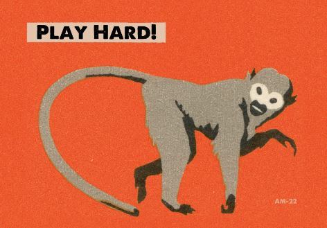 Illustration of an alert monkey on a vibrant orange background with the text "PLAY HARD!" in bold black letters on an off-white rectangle near the top left corner. Perfect for a postcard or cards collection, the monkey's playful pose is captured with a long, curling tail and light-colored face. This design is featured on the Retro Animal Postcard - Play Hard by Blue Dog Posters.