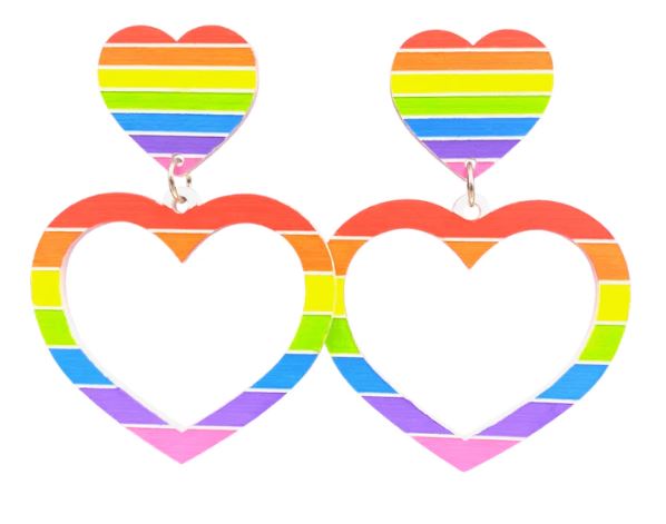 The Haus of Dizzy Pride Flag Heart Earrings by Blue Dog Posters are heart-shaped earrings adorned with rainbow stripes, symbolizing pride jewelry. Each earring showcases a smaller, filled heart on top and a larger, hollow heart hanging below. They are meticulously hand-painted in vibrant red, orange, yellow, green, blue, and purple colors.