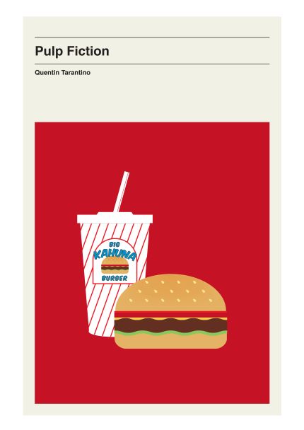 Pulp Fiction Big Kahuna by Otsutree, part of the Featured Artists Collection from Blue Dog Posters, is a minimalist movie poster featuring a red background with an illustrated burger and soda cup from 'Big Kahuna Burger.' The text 'Pulp Fiction' and 'Quentin Tarantino' are prominently displayed above. This artwork is printed on high-quality 250gsm satin paper.