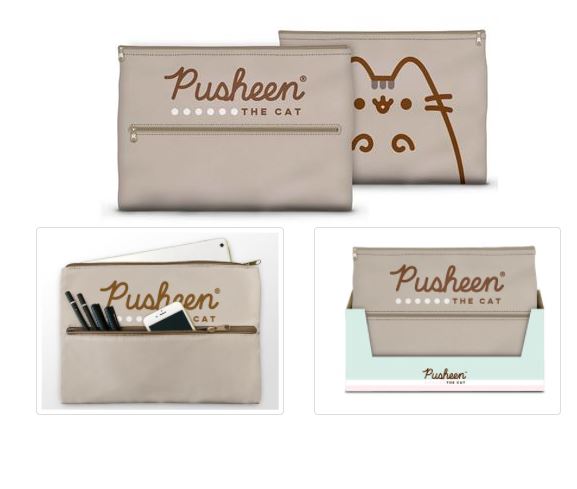 Image displaying Pusheen-themed pouches in beige, by Blue Dog Posters. The top row features two designs: one with the Pusheen logo and another with an outline of Pusheen the Cat. The bottom row showcases the durable 33x25cm "Pusheen The Cat Jumbo iPad Pencil Case," perfect for storing pens and a smartphone, alongside their original packaging.