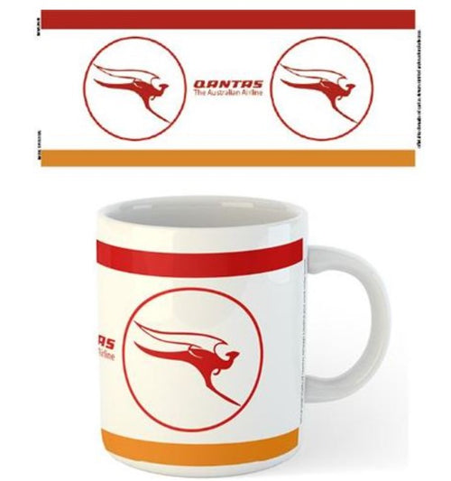 A white ceramic mug is pictured with a red logo of a flying kangaroo and the text "Qantas The Australian Airline." Above the mug is an extended view of its design, revealing identical logos and text on both sides, showcasing its impeccable ceramic finish from the Blue Dog Posters Qantas 1968 Logo Mug.