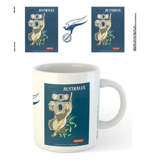 A white ceramic Qantas - Retro Koala Mug from Blue Dog Posters featuring an Australian travel-themed design. The design showcases a koala holding a boomerang and a eucalyptus branch, with "AUSTRALIA" at the top and "QANTAS" at the bottom. Dishwasher safe, this mug's design is repeated in thumbnail images above.