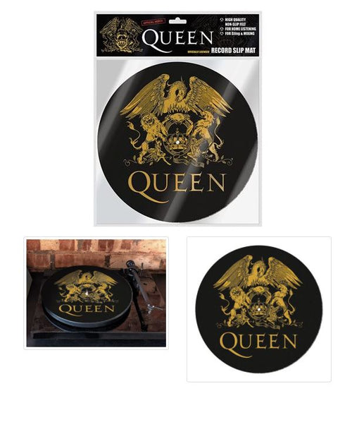 Image of the Blue Dog Posters Queen Logo Slipmat. This high-quality felt slip mat is black with a gold emblem featuring a phoenix, lion, and crab above the word "Queen" in gold letters. The slip mat is shown in its packaging and on a turntable against a white background.