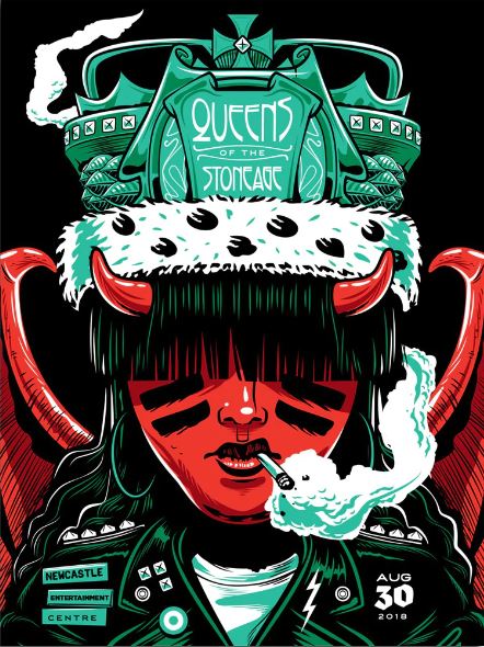 The "Queens of the Stone Age Newcastle 2018" illustrated concert poster, produced by Blue Dog Posters, showcases an individual in a striking green and black outfit with a crown embellished with red horns while smoking. The crown is inscribed with "Queens of the Stone Age." This limited edition silkscreen includes details such as "Newcastle Entertainment Centre" and "Aug 30, 2018.