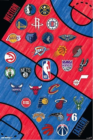 The NBA League Logos 22 poster by SPO 010 showcases the logos of all NBA teams categorized by their respective conferences. The Western Conference logos are displayed on a red background, featuring teams such as the Lakers and Warriors, while the Eastern Conference logos appear on a blue background with teams like the Celtics and Heat. This poster is an excellent addition to any sports collection!