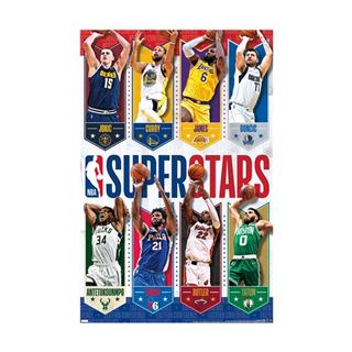 The NBA League - Superstars 22 by SPO showcases eight NBA superstars captured in action, either dribbling or shooting, on premium 150gsm gloss paper. These athletes proudly don their team jerseys from top franchises such as the Denver Nuggets, Golden State Warriors, Los Angeles Lakers, and more. This striking poster is a must-have addition to any sports collection.