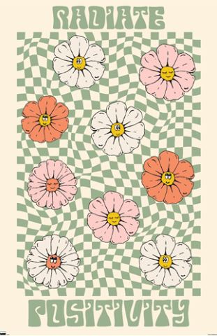 The "Radiate Positivity" poster by ART 036 features a retro-style illustration with nine vibrant flowers, each displaying a cheerful face, set against a green and white checkered background. The top text reads "Radiate," while the bottom text says "Positivity" in bold, wavy font. As part of the Life & Humour Collection, this motivational poster is printed on premium 150gsm gloss paper.