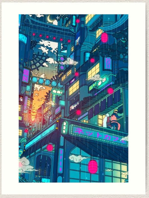 Rain Village by Seerstuff captures a vibrant, futuristic cityscape at sunset with neon-lit skyscrapers. Pink lanterns and clouds drift among the structures as a person sits on a rooftop, captivated by this colorful urban scene from GAL48's Gallery Series on archival paper.