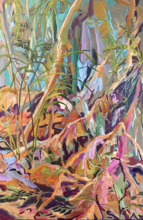Rainforest Understory by Christine Read is an abstract painting that captures a vibrant and lush forest scene. Created as part of the Artist Series, this Art Print showcases various shades of green, brown, and purple. The dense and dynamic composition of tall trees, plants, and intertwined roots is beautifully rendered on high-quality Matte Art Paper from the brand MEZ 519.