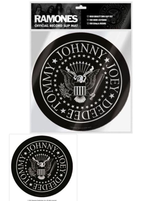 The image depicts the "Ramones Slipmat" by Blue Dog Posters, a premium circular felt slip mat for turntables, decorated with the iconic Ramones' logo. At the top, it reads "RAMONES OFFICIAL RECORD SLIP MAT." The logo showcases the names Johnny, Joey, DeeDee, and Tommy encircling a US presidential seal.