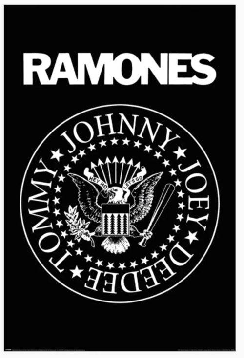 MUS The Ramones Logo Poster features "RAMONES" in bold white letters above a circular eagle emblem with TOMMY, JOHNNY, JOEY, and DEEDEE—ideal for music collections or as a striking large poster.