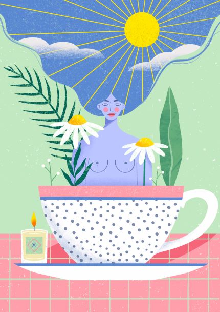 The "Relax and Recharge by Kitty O Illustrates" art print from Blue Dog Posters features a colorful illustration of a person with blue skin standing in a large polka-dotted teacup, surrounded by leafy plants and flowers. Part of the Featured Artists Collection, this piece showcases a bright sun with rays extending into blue clouds and a small lit candle on a red-checkered surface. The artwork is printed on premium 250gsm satin paper.