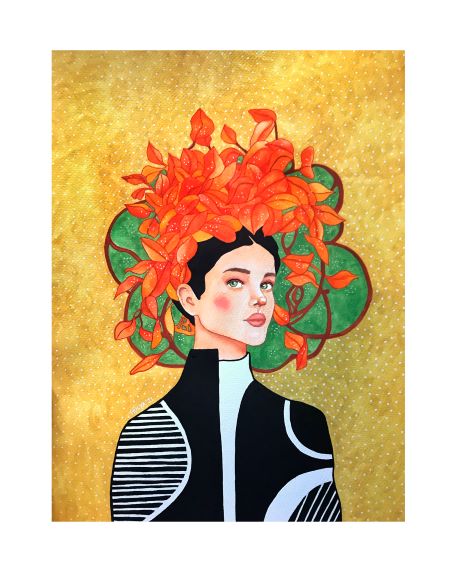 Remembering Surrendering," a stylized painting by Hulya Ozdemir under the Blue Dog Posters brand, showcases a person with short dark hair in a high-collared black and white outfit. Bright orange leaves or petals form a large headpiece against green circular shapes and a textured yellow backdrop. This captivating art print is part of the Featured Artists Collection.