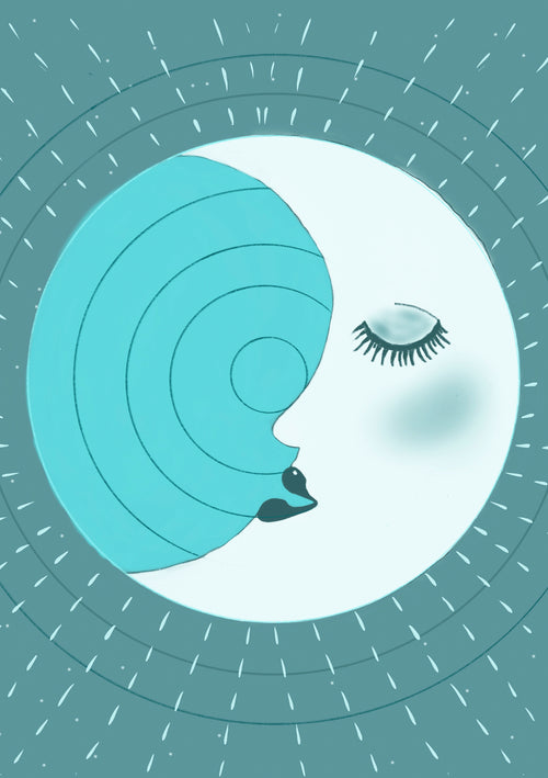 An artistic depiction from the Little Art series, titled "Retro Moon A5" by A5, shows a crescent moon forming the profile of a person's face against a teal background. The face features a closed eye and prominent eyelashes, with concentric circular patterns radiating from the crescent moon. White lines streak the background.