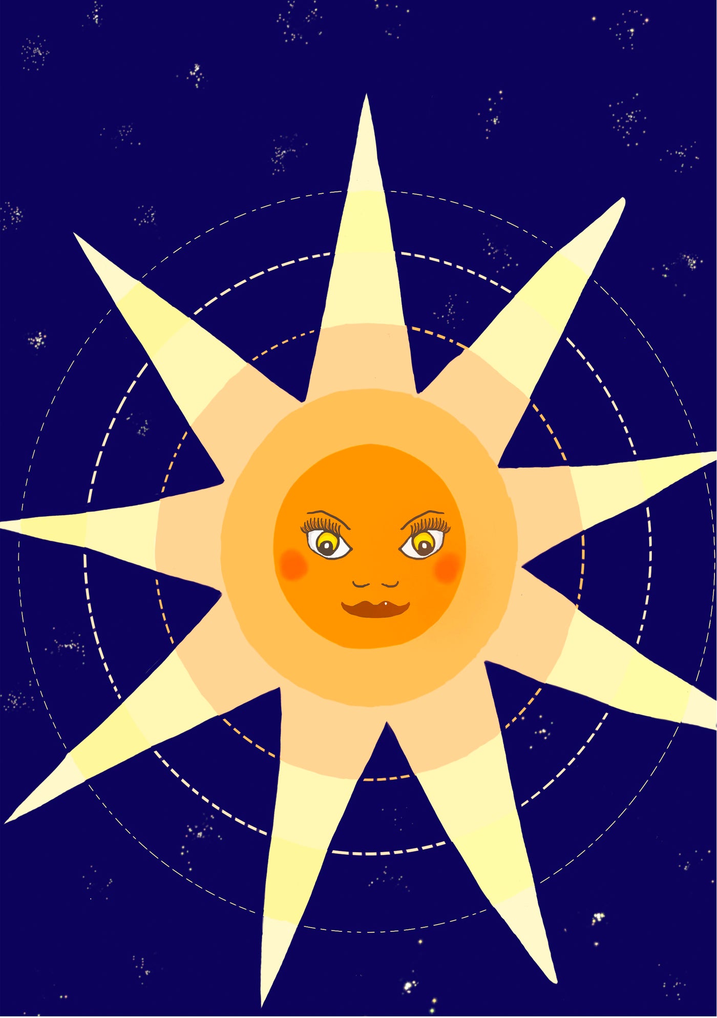 A stylized sun with a human-like face, featuring eyes, eyebrows, and smiling lips. The sun’s rays are illustrated as pointed yellow and orange beams radiating outward. The backdrop is a dark blue starry sky adorned with circular patterns around the sun. This makes it an ideal piece for the Little Art series' mini prints or Deluxe Postcard Frames from Retro Star A5 by A5.