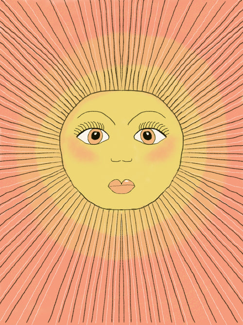 This Retro Sun A5 stylized illustration by A5, featuring a sun with a human face adorned with large brown eyes and pink cheeks, is part of the Little Art series. The sun's rays radiate outwards in wavy lines against a peach-colored background, exuding a calm and serene expression. Ideal for mini prints or Deluxe Postcard Frames.