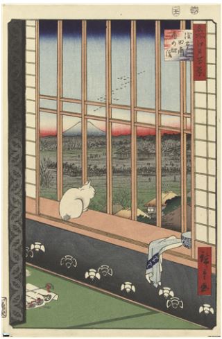 A traditional Japanese woodblock print from the ART 067 Scenic Collection, titled "Asakusa Rice Fields - Torinomachi," depicts a serene indoor scene with a cat sitting by a large window, gazing outside. Mount Fuji is visible in the distance under a clear sky. Items including a cloth and a small scroll are placed on the floor, all printed on premium 150gsm gloss paper.