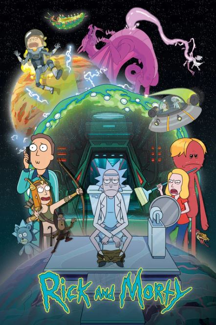 The "Rick & Morty Toilet Adventure" poster from the MTV 219 collection showcases an animated scene brimming with characters in a frenetic outer-space environment. At the center, Rick is seated beside a portal, surrounded by Morty and other familiar faces. The backdrop features spaceships and alien creatures, all depicted on premium 150gsm gloss paper.