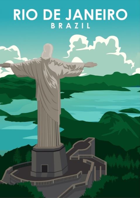 Illustration of Rio de Janeiro, Brazil, featuring the iconic Christ the Redeemer statue with arms outstretched. Lush green mountains and a serene sky with clouds appear in the background. This premium quality poster, "Rio De Janeiro" by Jorn Van Hezik from TAP, captures the beauty and tranquility of the landscape, reminiscent of vintage advertising art.