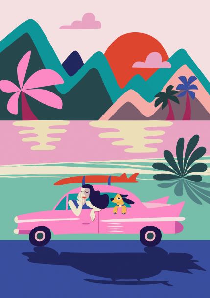 A colorful illustration by Rachel Lee, known as "Road Trip," features a smiling woman with long hair and a dog driving a pink convertible. The car has a surfboard on top as they pass by a stylized landscape with mountains, palm trees, and a lake. The sun sets in the background. Part of the Blue Dog Posters' Featured Artists Collection, this art print captures the spirit of adventure.
