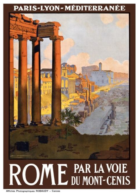 The "Rome Par La Voie Du Mont Cenis" by TAP is a vintage travel poster promoting Rome via the Paris-Lyon-Méditerranée train route. This charming piece of vintage advertising art print showcases an illustration of ancient Roman ruins in the foreground with a picturesque view of the city in the background. French text encourages travelers to embark on this journey by the Mont-Cenis route.
